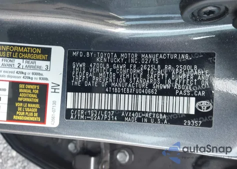 2015 Toyota Avalon Hybrid Xle Touring from USA, damaged, VIN 4T1BD1EBXFU040662